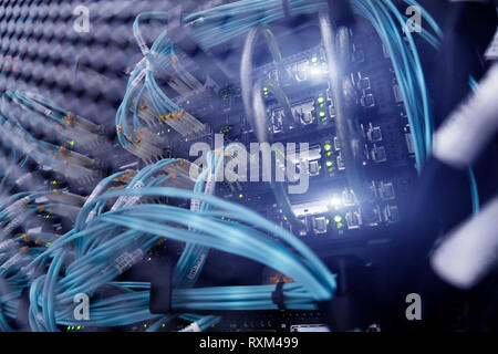 Fiber Optical connector interface. multiple exposure. Information Technology Computer Network, Telecommunication Fiber Optical Cables Connected. Stock Photo