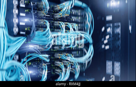 Optical cable close-up. Network devices technology, optical fiber cable and switch. Stock Photo
