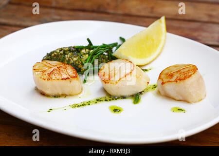 Close up portion of three grilled scallops on white plate over brown wooden table, high angle view Stock Photo