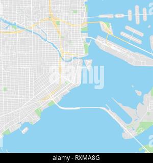 Downtown vector map of Miami, United States. This printable map of Miami contains lines and classic colored shapes for land mass, parks, water, major  Stock Vector