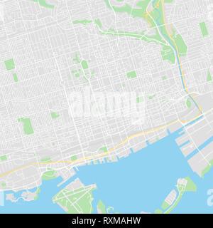 Downtown vector map of Toronto, Canada. This printable map of Toronto contains lines and classic colored shapes for land mass, parks, water, major and Stock Vector