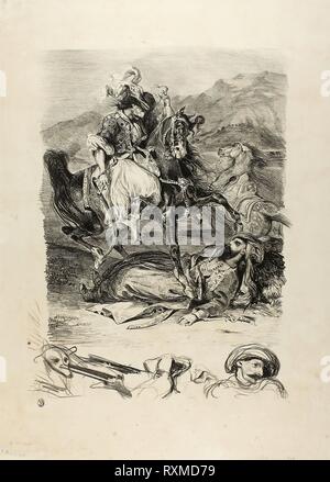 Combat Between Giaour and Pasha. Eugène Delacroix; French, 1798-1863. Date: 1827. Dimensions: 358 × 260 mm (image); 475 × 339 mm (sheet). Lithograph in black on ivory wove paper. Origin: France. Museum: The Chicago Art Institute. Stock Photo