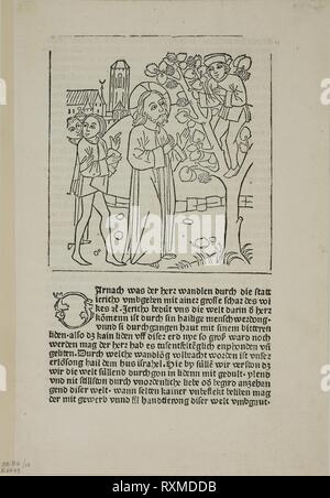 Jesus Calling Zacchaeus from Geistliche Auslegung des Lebens Jesu Christi (The Spiritual Interpretation of the Life of Christ), Plate 15 from Woodcuts from Books of the 15th Century. Unknown Artist (near Ulm, 15th century); printed and published by Johann Zainer (German, active 1473-c. 1523); portfolio text by Wilhelm Ludwig Schreiber (German, 1855-1932). Date: 1484-1488. Dimensions: 125 x 119 mm (image/block); 253 x 168 mm (sheet). Woodcut in black, and letterpress in black (recto and verso), on cream laid paper. Origin: Germany. Museum: The Chicago Art Institute. Stock Photo