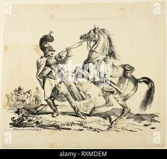 Cuirassier on Foot Restraining His Rearing Horse. Carle Vernet (French, 1758-1836); printed by Comte Charles Philibert de Lasteyrie (French, 1759-1849). Date: 1817-1836. Dimensions: 210 × 302 mm (image); 282 × 315 mm (sheet). Lithograph in black on cream wove paper. Origin: France. Museum: The Chicago Art Institute. Stock Photo