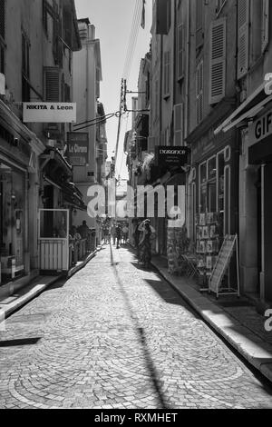 Antibes, France, September 11, 2018:  Black and white picture of the street Rue James Close in the old center of Antibes Stock Photo