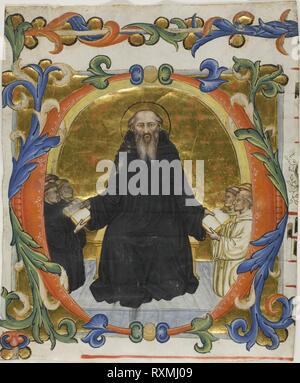 Saint Benedict Presenting his Rule to Benedictine and Cistercian Monks in a Historiated Initial 'O' from a Choirbook. Italian (Siena); Martino di Bartolomeo (Italian, 1389-1434/5); 1394/95. Date: 1375-1399. Dimensions: 235 x 192 mm. Manuscript cutting with tempera and gold leaf, with rounded gothica textualis inscriptions in black ink, ruled in red, on parchment. Origin: Italy. Museum: The Chicago Art Institute. Author: Martino di Bartolomeo di Biagio. Stock Photo