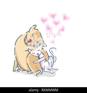 Cute labrador retriever dog hug a cat with pink hearts and love text on white background. Lovely friendship beyond spicies. Cartoon vector illustratio Stock Vector