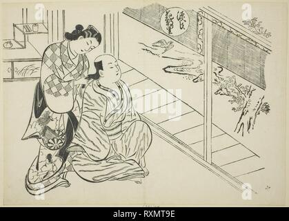 The Hanachirusato Chapter from 'The Tale of Genji' (Genji Hanachirusato), from a series of Genji parodies. Okumura Masanobu; Japanese, 1686-1764. Date: 1705-1715. Dimensions: 27.3 x 37.9 cm. Woodblock print; oban, sumizuri-e. Origin: Japan. Museum: The Chicago Art Institute. Stock Photo