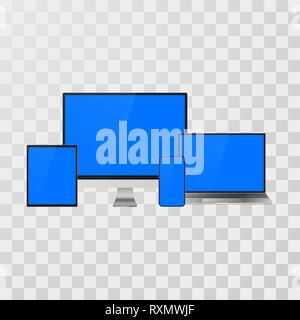 Gadget set mock up. Realistic devices laptop and monitor, mobile phone and tablet for your banner and presentation. Vector illustration isolated on tr Stock Vector