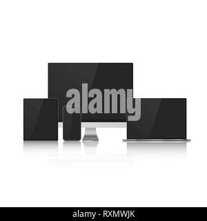 Set of Device Mock Up with Black Screens for your Design. Realistic Computer, Laptop, Tablet and Smartphone. Vector Illustration Isolated on White Bac Stock Vector