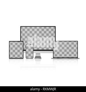 Set of Device Mock Up. Realistic Computer, Laptop, Tablet and Smartphone with Empty Transparent Screen. Vector Illustration Isolated on Transparent Ba Stock Vector