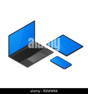 Isometric gadgets set. Laptop and mobile phone, tablet isometric view. Vector illustration Stock Vector