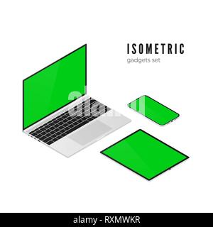 Laptop and mobile phone, tablet isometric view. Isometric gadgets set with green screens for banner design. Vector illustration Stock Vector