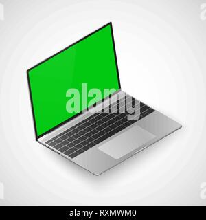 Laptop isometric view. Realistic laptop with green screen for your data. Vector illustration isolated on white