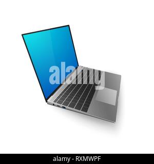 Laptop mock up. 3D laptop with bkue screen for you design or banner. Vector illustration isolated on white background Stock Vector