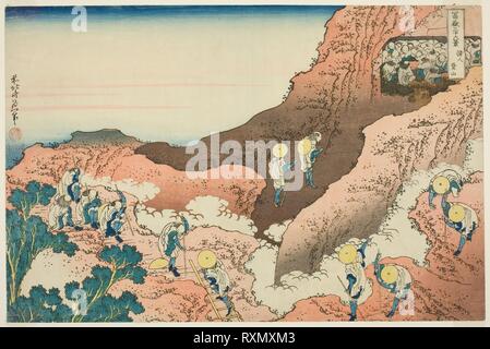 Groups of Mountain Climbers (Shojin tozan), from the series 'Thirty-six Views of Mount Fuji (Fugaku sanjurokkei)'. Katsushika Hokusai ?? ??; Japanese, 1760-1849; Publisher: Hibino Yohachi; Japanese, unknown. Date: 1825-1838. Dimensions: 24.6 x 37 cm (9 5/8 x 14 9/16 in.). Color woodblock print; oban. Origin: Japan. Museum: The Chicago Art Institute. Stock Photo