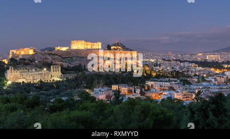 Panoramic view of the Acropolis at night, Athens, Greece. Stock Photo