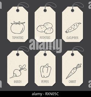 Set of tags or label templates with hand drawn vegetable. Vector design elements for agriculture and food industry Stock Vector
