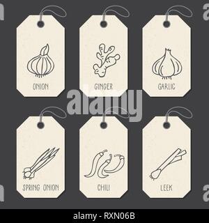 Set of tags or label templates with hand drawn vegetable. Vector design elements for agriculture and food industry Stock Vector