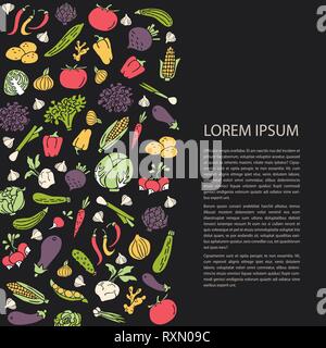 Poster template with hand drawn vegetables flat style vector. Various organic product for healthy food. Place for text Stock Vector