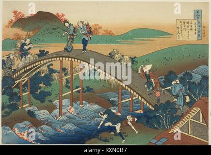 People Crossing an Arched Bridge (Ariwara no Narihira) from the series 'One Hundred Poems as Explained by the Nurse (Hyakunin isshu uba ga etoki)'. Katsushika Hokusai ?? ??; Japanese, 1760-1849. Date: 1830-1841. Dimensions: 26.1 x 37.7 cm (10 1/4 x 14 5/8 in.). Color woodblock print, oban. Origin: Japan. Museum: The Chicago Art Institute. Stock Photo