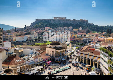 View of the Acropolis and the Parthenon Temple from old town of Athens, Greece. Stock Photo