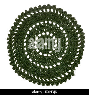 Vintage green crochet circle, round doily, isolated on white. Handmade craft. Stock Photo