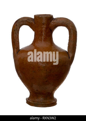 Rustic terracotta amphora, urn vase. Isolated on white background. Pitcher with handles. Stock Photo