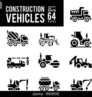 Construction Vehicle and Transport Glyph and Solid Icons. Pixel Perfect Icon Base on 64px. Stock Vector