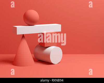 Abstract equilibrium still life installation with red and white primitive geometric shapes. 3d render illustration Stock Photo
