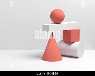 Abstract equilibrium still life installation of red and white primitive geometric shapes. 3d render illustration Stock Photo