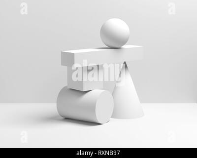 Abstract white equilibrium still life installation with primitive geometric shapes. 3d render illustration Stock Photo