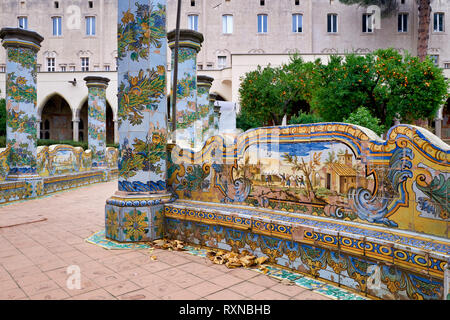 Naples Campania Italy. Santa Chiara Basilica Church. The cloister of the Clarisses, transformed in 1742 by Domenico Antonio Vaccaro with the unique ad Stock Photo