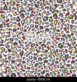 Leopard skin seamless pattern, animal texture, spotted tracery, animalistic ornament, vector background. Chaotic multicolor spot on white backdrop. Co Stock Vector