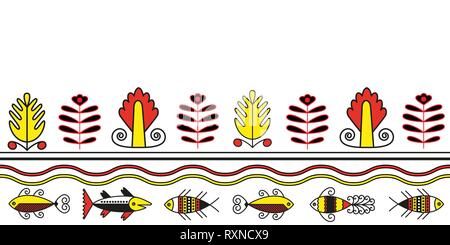 Seamless pattern of pjant and fish folk naive ornament Stock Vector