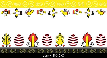 Seamless pattern of plant and bird folk naive ornament Stock Vector