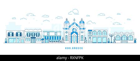Line art style Kos Greece island, Kefalos cityscape, town street with houses and church, shops and cafe, trees and clouds, walking people, vector Stock Vector