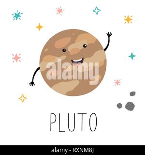 Vector cartoon funny illustration of planet smiling happy Pluto in flat cartoon style on space star sky. Poster for children room, education. Stock Vector