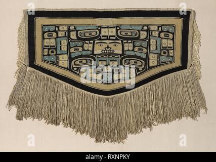 Dance Blanket with Diving Whale and Raven Motifs. Chilkat Tlingit; Southeastern Alaska, United States. Date: 1880-1900. Dimensions: 176.1 x 138.5 cm (69 1/4 x 54 1/2 in.). Wool and bark, dovetail and single interlocking, discontinuous weft, alternate pair weft twining; extended float twining, eccentric weft twining, and three-strand weft twining; main warp cut fringe; edges of twill oblique interlacing terminating in cut fringe; additional knotted fringe. Origin: Northwest Coast. Museum: The Chicago Art Institute. Stock Photo
