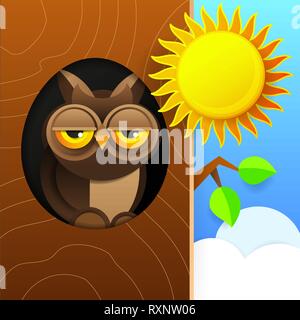 Cute Owl Sitting In Hollow Of Tree, Hollowed Out Old Tree And Cute Animal Cartoon Character Vector Stock Vector
