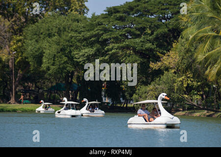 Swan pedal boats in Bangkok Lumpini park, Thailand Stock Photo