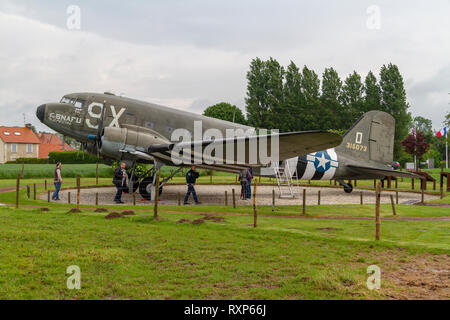 Invasion stripes on the 'SNAFU Special', a Dakota C47, used in the D-Day landings at the Merville Battery, Normandy. Stock Photo