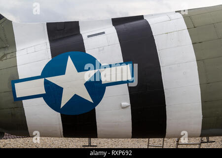 Invasion stripes on the 'SNAFU Special', a Dakota C47, used in the D-Day landings at the Merville Battery, Normandy. Stock Photo