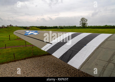 Invasion stripes on the the wing of the 'SNAFU Special', a Dakota C47, used in the D-Day landings at the Merville Battery, Normandy. Stock Photo