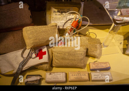 British Army WWII medical equipment on display at the German Battery at Merville, Normandy, France. Stock Photo