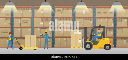 Warehouse interior with workers working flat design vector illustration Stock Vector