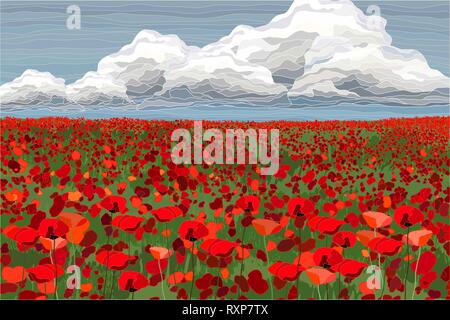 Bright poppy field with clouds and blue sky vector illustration Stock Vector