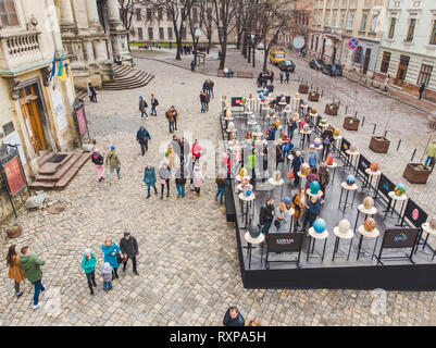 LVIV, UKRAINE - March 31, 2018: easter exhibition on city streets with decorated eggs Stock Photo