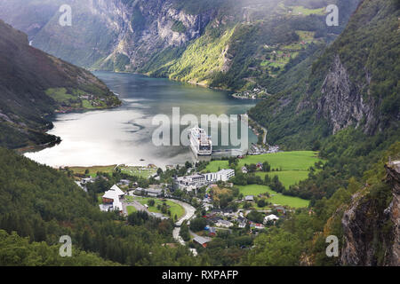 Geiranger, view from Flydalsjuvet, cruise ship in the Geiranger Fjord ...