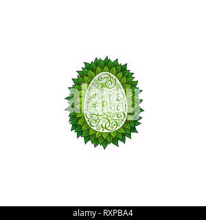 White Easter egg with sample decoration and green leaves Stock Vector